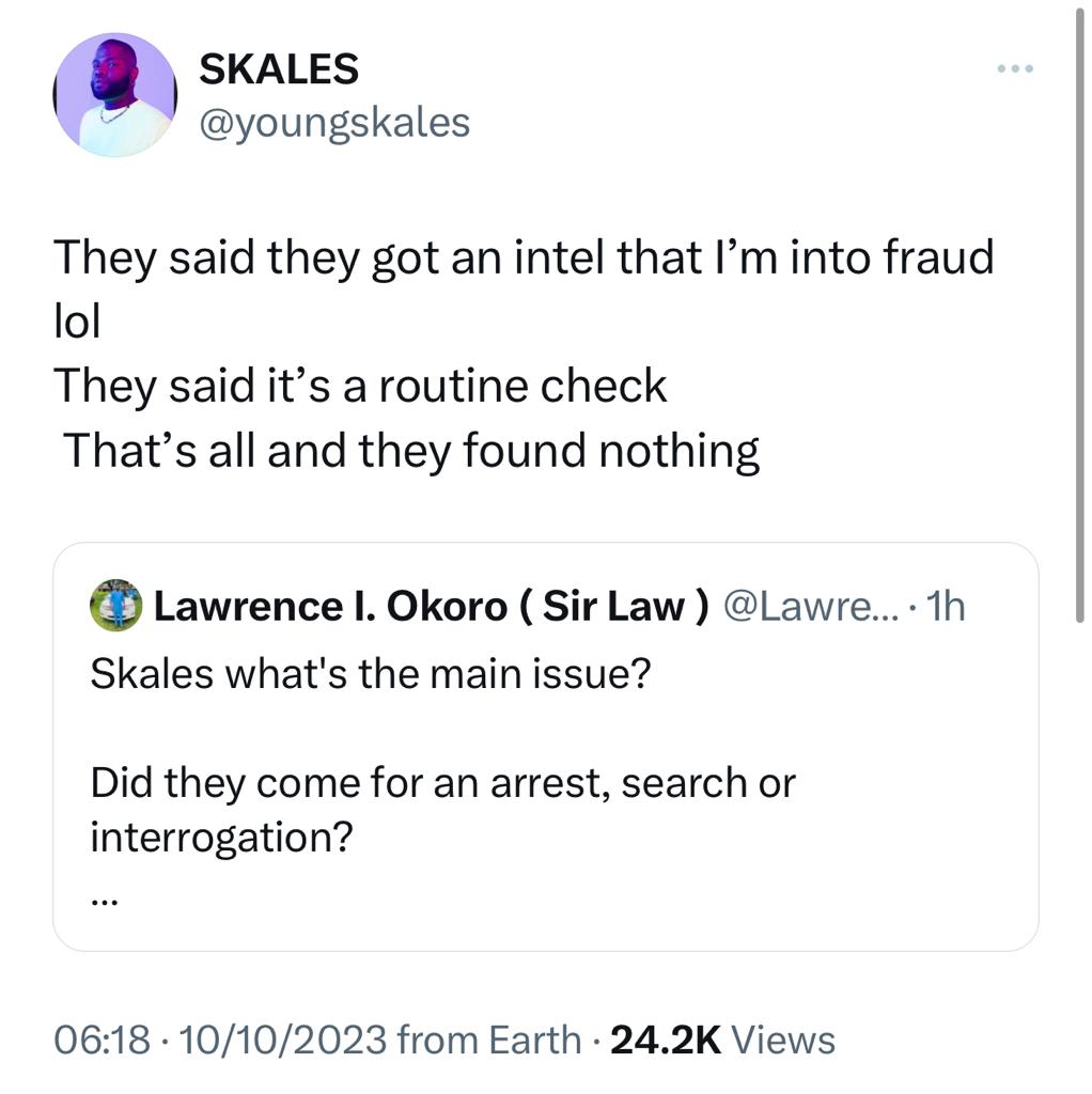 Singer Skales calls out suspected EFCC operatives for raiding his house in the early hours of today over fraud allegations